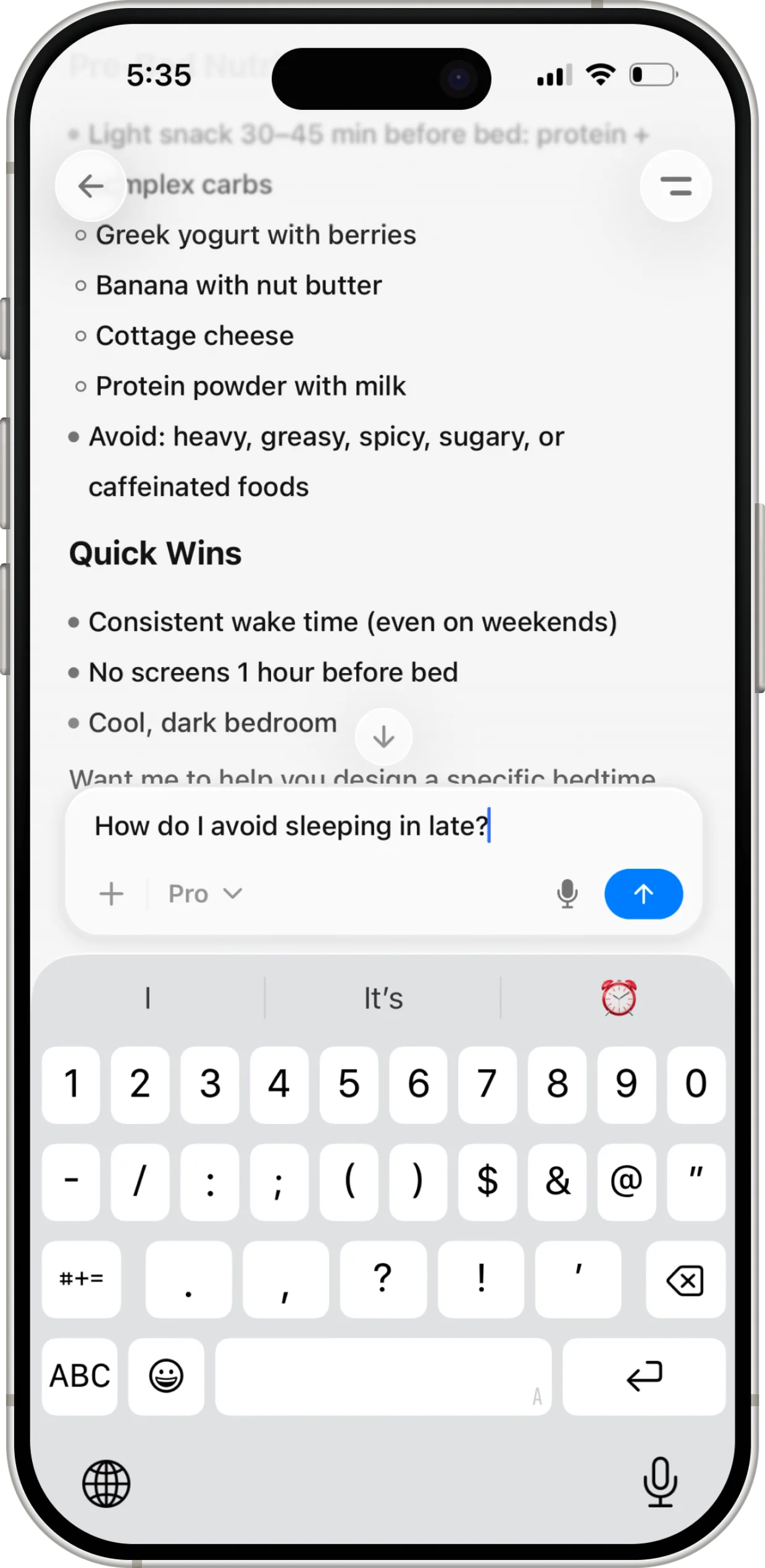 Ness chat answering a health question with advice grounded in the user's sleep data.